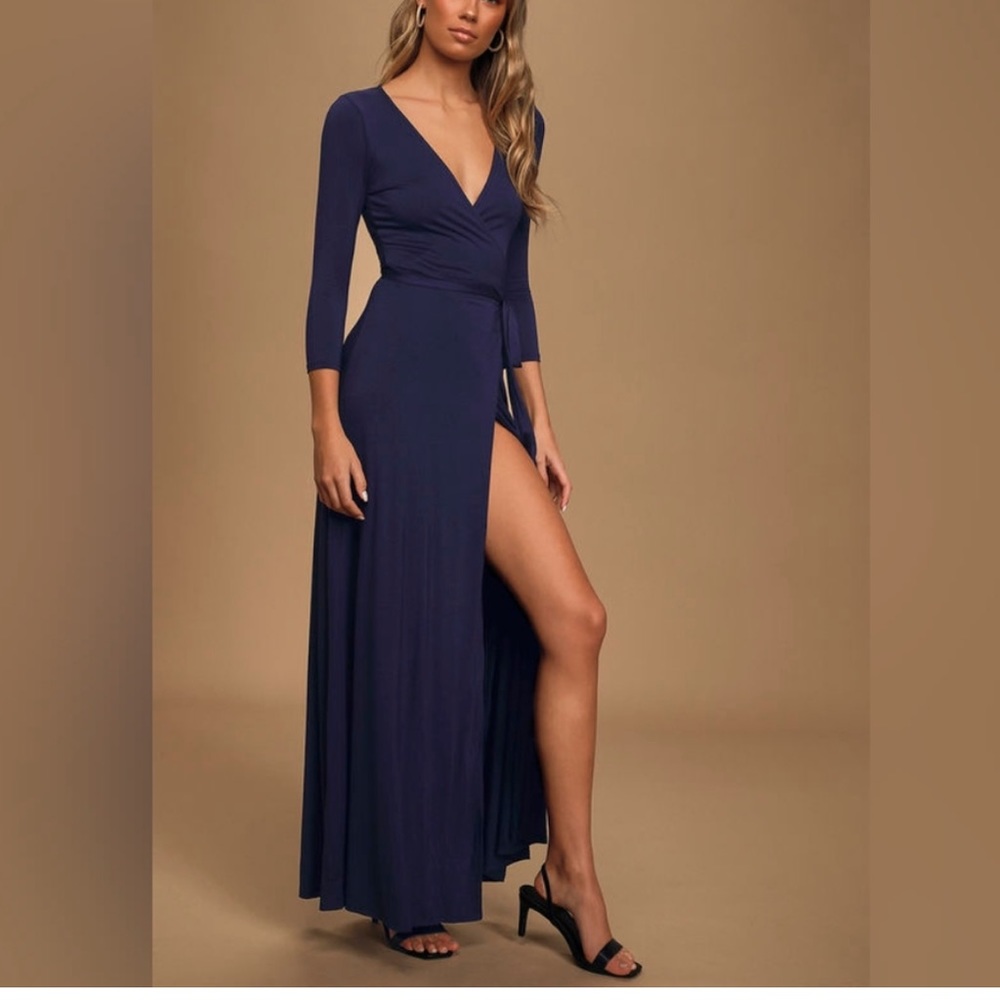 Lulus Garden District Navy Blue Wrap Maxi Dress